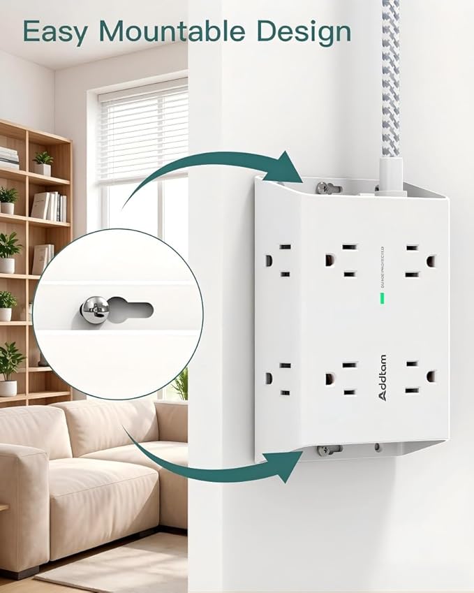 Addtam Surge Protector Power Strip, 8 Widely Outlets with 4 USB Ports (2 USB C), 10ft Extension Cord with Multiple Outlets, 3 Side Outlet Extender, Flat Plug, Wall Mount, ETL, White