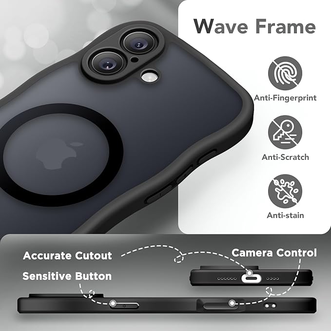 CAPRARO for iPhone 16 Case for Women Girls, Upgraded [Full Camera Protection] [Compatible with MagSafe] Cute Wave Translucent Matte Phone Case for iPhone 16, Black