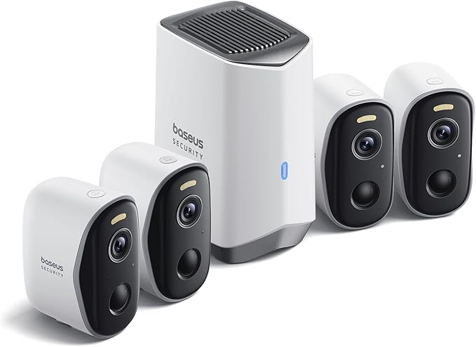 Baseus Wireless Cameras for Home Security, N1 4-Cam Kit with 2K Clarity, No Monthly Fee, 16TB Expandable Local Storage, 210-Day Battery Life, Spotlight & Alarm, Compatible with Alexa and Google Home