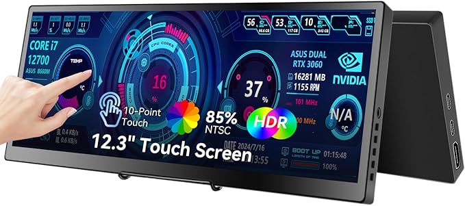 12.3 Portable Touchscreen Monitor,1920*720 IPS Mini Touch Screen,Travel Display with Foldablestand & Speaker, HDMI USBC CNC External Monitor for Laptop Phone Aida64 GPU CPU RAM Monitoring, VESA