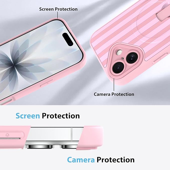 KANGHAR Compatible with iPhone 17 Case, Support for MagSafe, Silicone Stripes Cute Pattern, Wristband Kickstand Camera Protection Soft Slim Cover for Girls Women -Pink