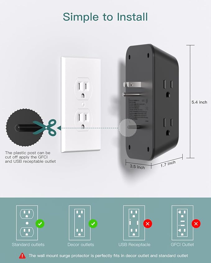 Addtam 5-Outlet Extender Surge Protector, Multi Plug Wall Outlet with 4 USB Wall Charger(2 USB C), Outlet Splitter Power Strip for Home Office Dorm Room Essentials, Plug Extension Outlet 1800J, Black