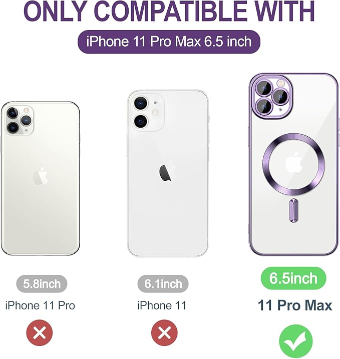 Hython Magnetic Clear for iPhone 11 Pro Max Case with Camera Lens Protector [Compatible with MagSafe] Plating Edge Slim Soft TPU Cover Protective Phone Case for iPhone 11 Pro Max 6.5", Deep Purple