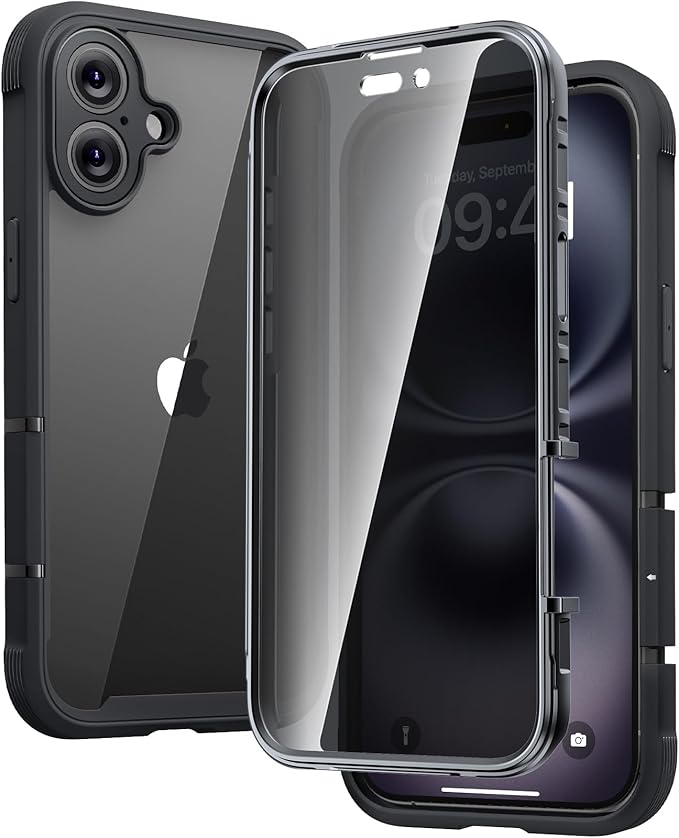 Diaclara Designed for iPhone 16 Case 6.1 Inch,Upgraded [Full Camera Protection] Full Body Rugged Clear Bumper Case with Built-in Privacy Screen Protector for iPhone 16,Black