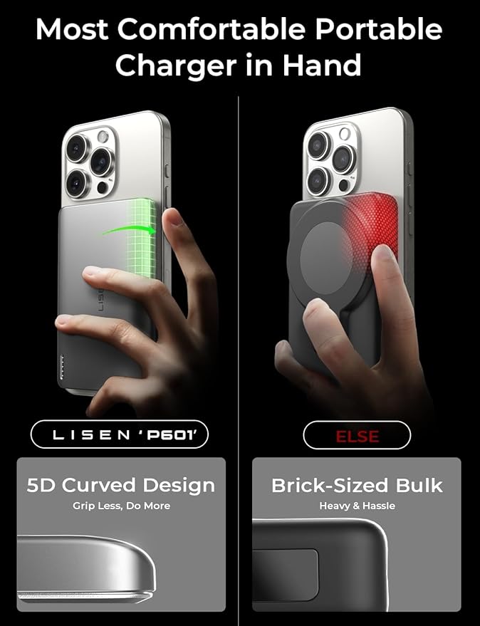 LISEN Qi2 15W Ultra Slim MagSafe Battery Pack,5000mAh Fast Charging MagSafe Power Bank Slim Wireless,Slim Magnetic Portable Charger,Magnetic Power Bank for iPhone Air/17/16/15-12 Series,Black