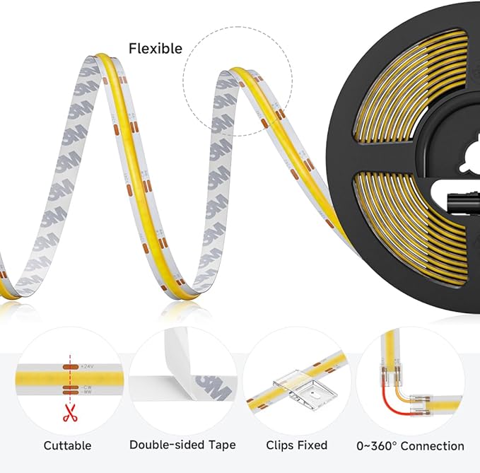 BTF-LIGHTING FCOB COB LED Strip CCT Tunable 3000K-6000K,UL Listed DC12V 16.4FT CRI 90+ Dimmable LED Tape Lights,640LEDs/m Dotless for Bedroom Kitchen Indoor Decor(No Adapter or Controller)
