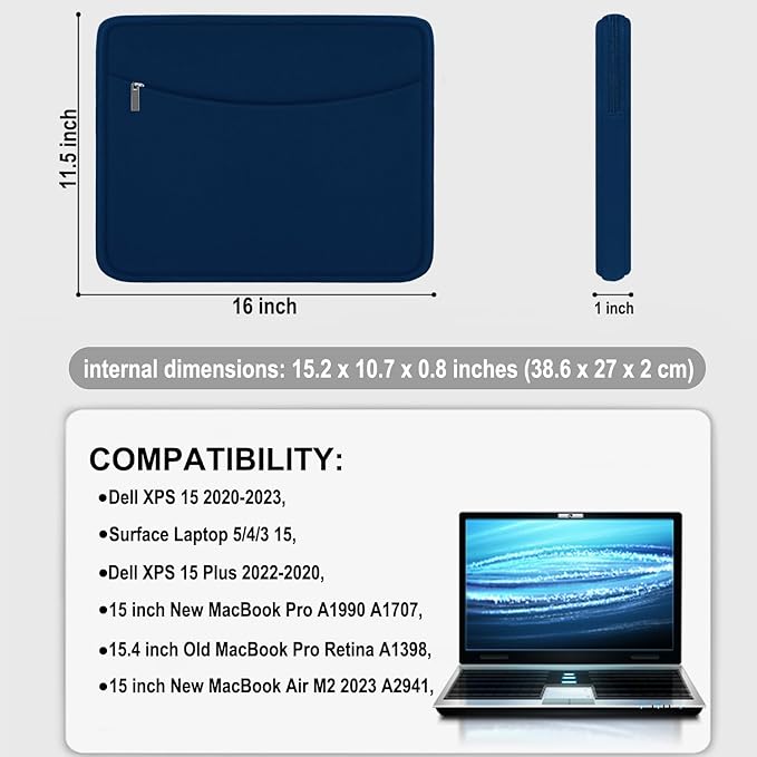 Laptop Sleeve 15.6 inch, Shockproof Protective Laptop Cover Briefcase Carrying Bag with Accessory Pocket, Portable Computer Case Compatible with MacBook, HP, Dell, Lenovo, Asus, Blue