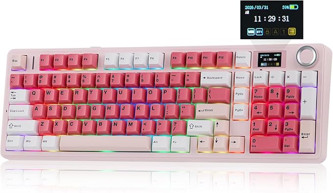 EPOMAKER Aula F99 MAX Wireless Mechanical Keyboard, Smart Screen & Knob, 8000mAh, 2.4Ghz/BT Creamy Keyboard, Pre-Lubed Switch, Hot-Swappable, RGB Backlit, Custom Software (Pink)