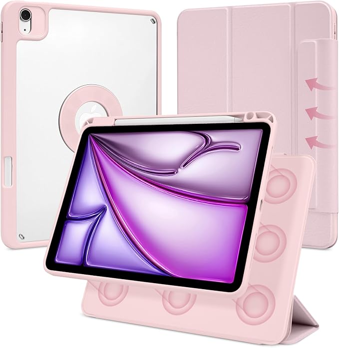 Case for iPad Air 13 Inch M4/M3/M2 2026/2025/2024, iPad Pro 12.9 Inch 6th/5th Gen. 2022/2021 with Pencil Holder, Vertical Stand, Detachable Magnetic Trifold Stand Case,Auto Wake/Sleep, Pink