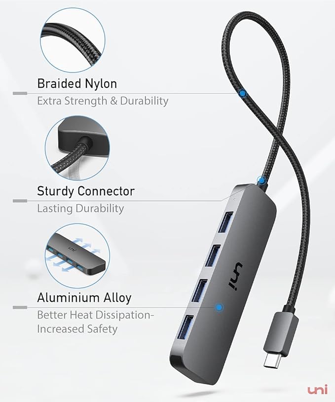 uni USB C to USB Hub Multiport Adapter, Aluminum 4 Ports USB C Splitter for Laptop, Slim Thunderbolt 3/4 Data USB Hub Compatible for MacBook Pro/Air, iPad Pro, Dell, Chromebook | Keyboard, Mouse, HDD