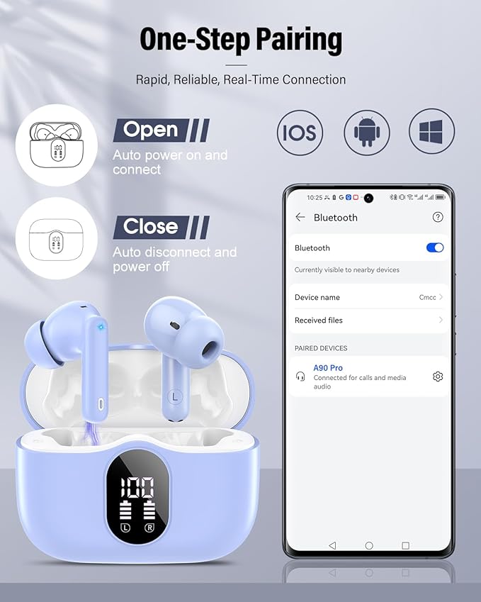 Wireless Earbuds, Bluetooth 5.4 Headphones Bass Stereo, Ear Buds with Noise Cancelling Mic, IP7 Waterproof in Ear Earphones, 36H LED Display Bluetooth Earbuds for Laptop Pad Phones Sports, Pale Blue