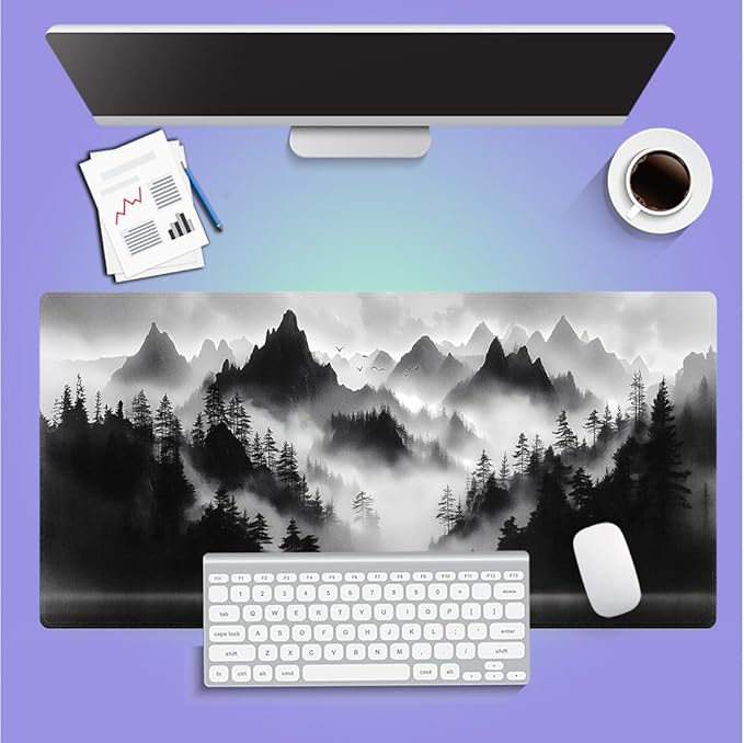 Large Gaming Mouse Pad (31.5" x 15.8") - Foggy Forest Misty Mountain Landscape Painting Black and White Wonderland, Extra XXL Extended Office Accessories, Premium Stitched Anti-Slip Desk Mat