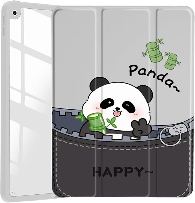 JOYLAND Cute Happy Panda Pattern Case for iPad mini 7th(A17 Pro) 2024 / Mini 6th Generation 8.3" 2021,Clear Transparent Acrylic Hard Back Grey White Case with Pencil Holder Trifold Stand Tablet Cover