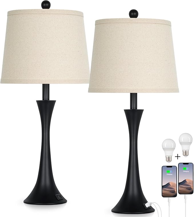 Rinweey 27.5" Table Lamps Set of 2, Touch Bedside Lamps with USB C+A Ports, 3 Way Dimmable Nightstand Lamps for Bedroom, Living Room, Office, Black Lamp with Beige Lampshade, Bulbs Included