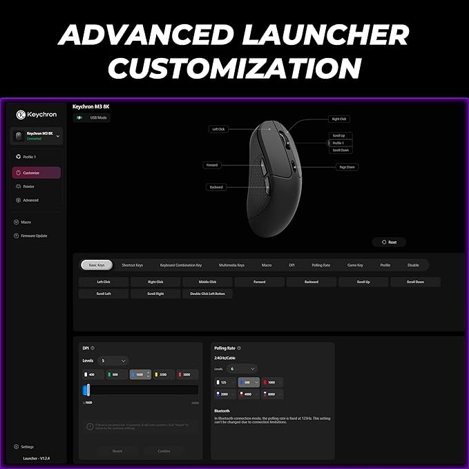 Keychron M3 8K Wireless Mouse, PixArt 3950 Sensor Launcher WEP 30,000 DPI Supports 2.4 GHz/Bluetooth 5.3, 79g Ultra-Light Ergonomic Design Up to 140 Hours Using for PC Mac Laptop - Black