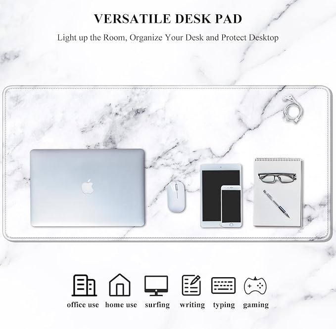 Auhoahsil Large Mouse Pad, XXL Gaming Mousepad, Desk Mat for Desktop, Thick Rubber, Big & Long Size, Stitched Edges, Full Desk Pad for Laptop & Computer, Extended 31.5 x 11.8 in, White Marble