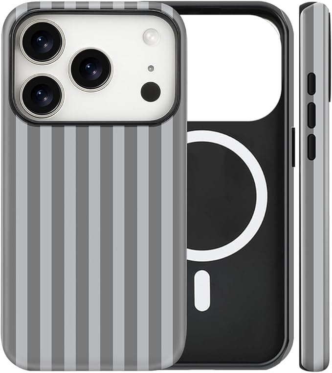 Magnetic for iPhone 17 Pro Case Cute Stripes Phone Case, Shockproof Slim TPU and Hard PC Protective Phone Cover Compatible with MagSafe Designed for Women Girls, Gray