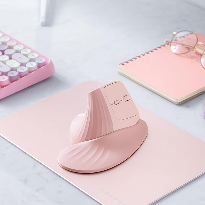 SANWA Wireless Ergonomic Mouse for Large Hands, Silent Click Vertical Mice with Removable Wrist Rest, 1000-4000 DPI, 3-Device (2.4G + 2 Bluetooth 5.4), Compatible with Mac, Windows, Laptop, PC, Pink
