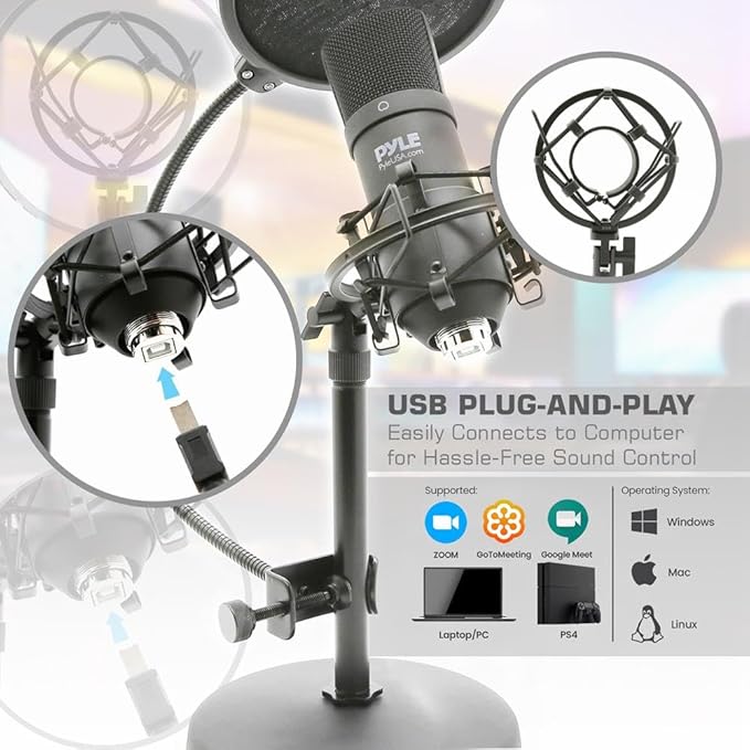 USB Microphone Podcast Recording Kit - Audio Cardioid Condenser Mic w/Desktop Stand and Pop Filter - for Gaming PS4, Streaming, Podcasting, Studio, YouTube, Works w/Windows Mac PC - Pyle PDMIKT120