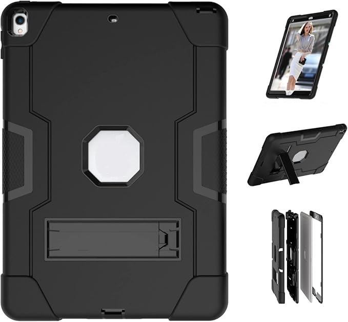 3 in 1 Hybrid Case for iPad Air 3 10.5" & iPad Pro 10.5" - Heavy Duty Rugged Stand, Shockproof, Anti-Slip & Scratch, Black/Black