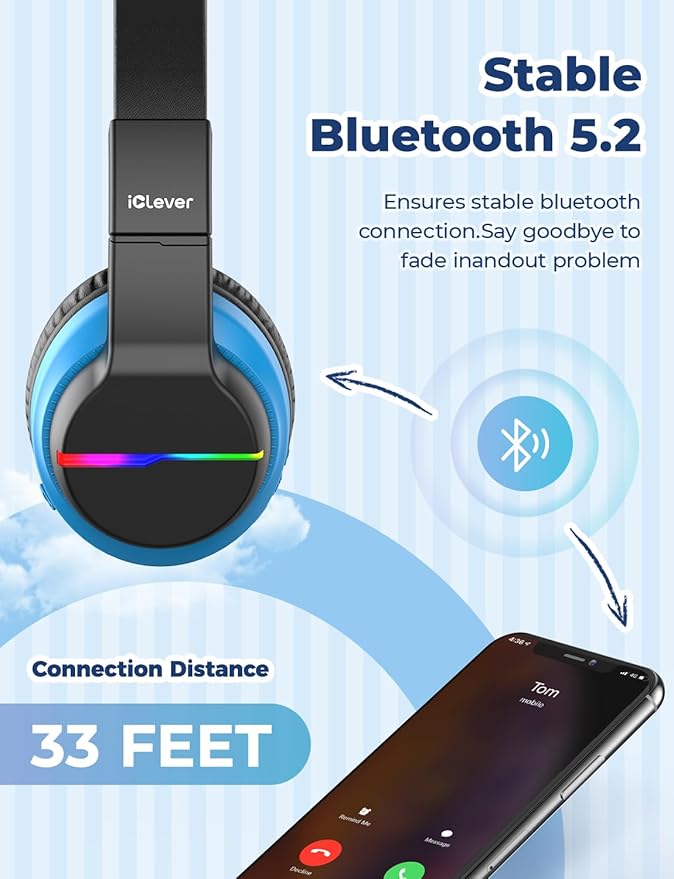 iClever BTH12 Kids Bluetooth Headphones,Colorful LED Lights,74/85dBA Safe Volume,85H Playtime,Bluetooth 5.2,Over Ear Wireless Headphone Built-in Mic for iPad/Tablet/Airplane, Deep Black