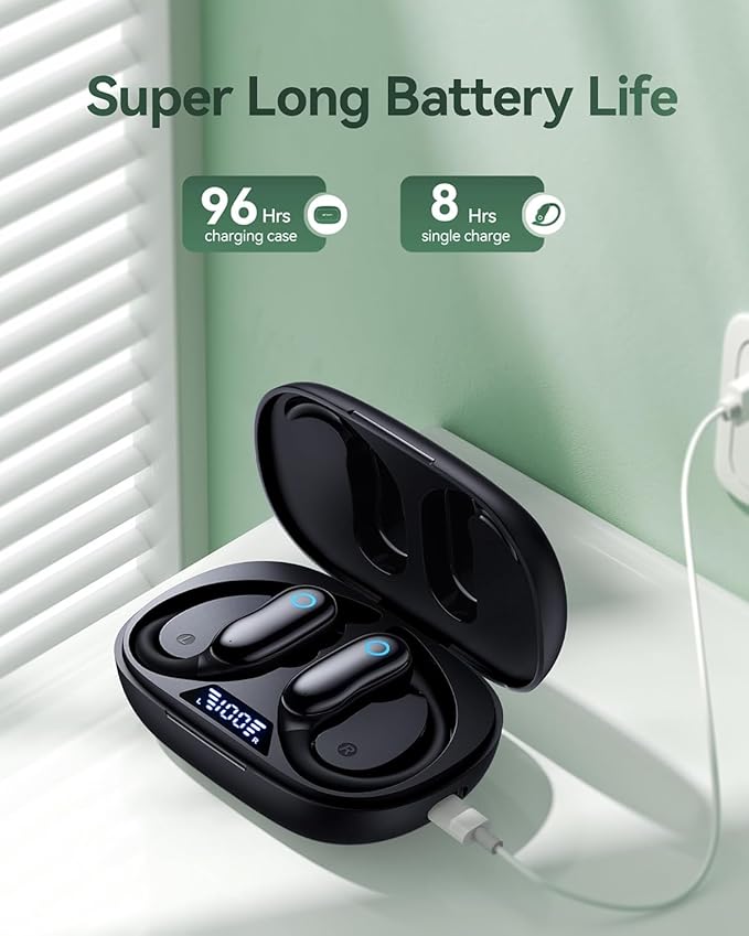 Active Noise Cancelling Ear Buds Wireless Earbuds 96hrs Playback Bluetooth Headphones Dual Battery Display Stereo Bass Earphones with Earhooks Microphone IPX7 Waterproof for Sports/Workout