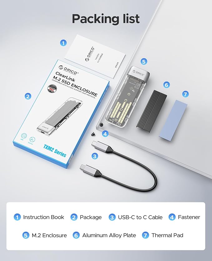 ORICO M.2 NVMe SATA SSD Enclosure, Tool-Free USB 3.2 Type-C 10Gbps to SSD Enclosure for SATA/NVMe M.2(M-Key/B+M-Key) SSD Support 2230/2242/2260/2280, Up to 4TB Max Capacity - TXM2M