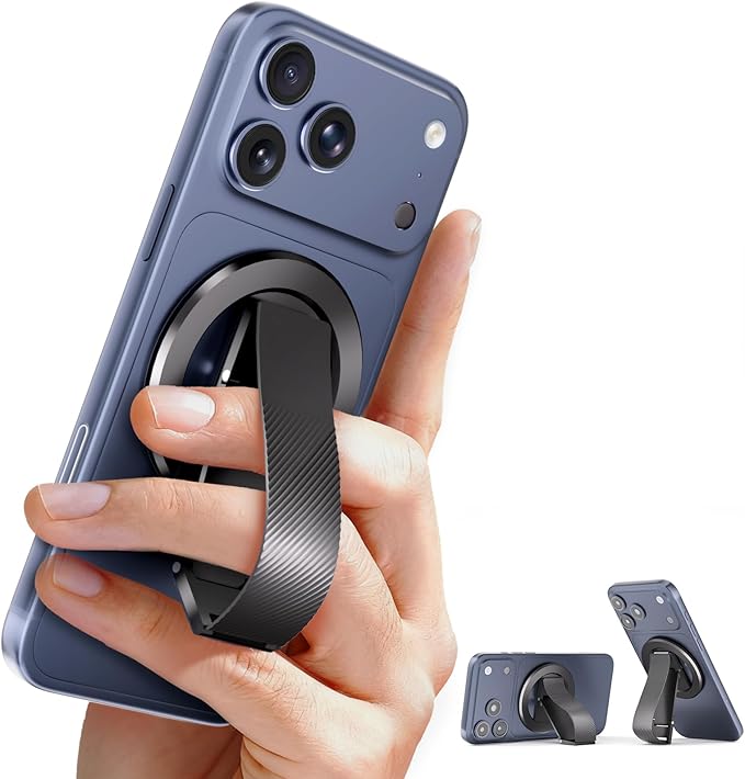 SINCEHOLY for MagSafe Phone Grip Ring, Magnetic Phone Holder with Silicone Finger Strap, 360° Rotating Dual-Axis Kickstand, N52 Magnetic Phone Stand Grip for Mag Safe iPhone 17/16/15/14/13/12, Black