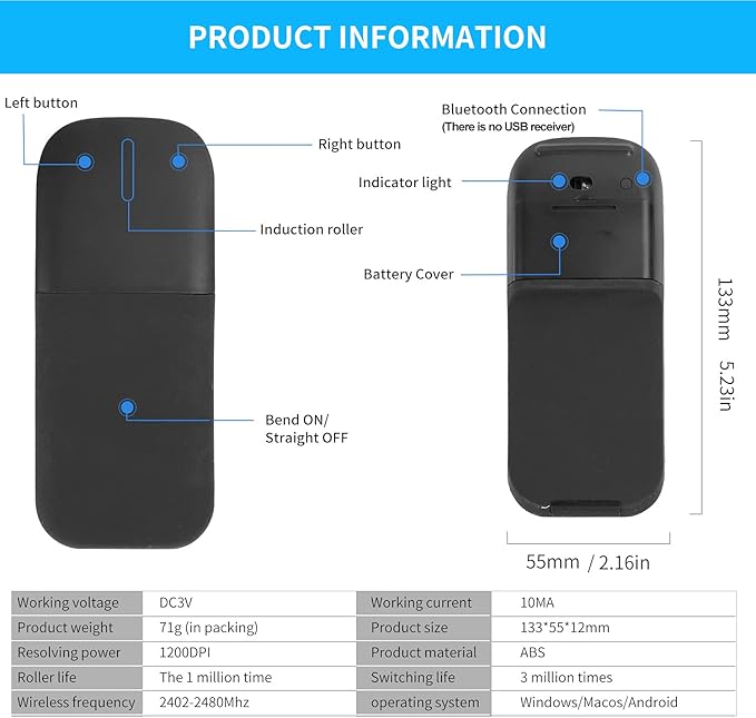 Foldable Mouse Bluetooth Folding Wireless Mice with Touch Panel-Black
