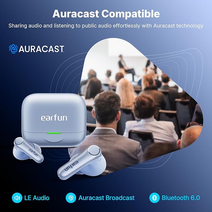 EarFun Air Pro 4+ Adaptive Noise Cancelling Wireless Earbuds, Qualcomm aptX Lossless, Dual Drivers, Translation Earbuds, Snapdragon Sound, 6 Mics AI Clear Call, Hi-Res Sound, Bluetooth 6.0, 54H, Blue