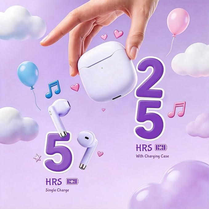True Wireless Earbuds Purple Bluetooth 5.3 with Microphone for Working Out Noise Canceling Blue Tooth Ear Buds Deep Bass TWS Wireless Earphones with Charging Case in Ear Headphone for iPhone Android