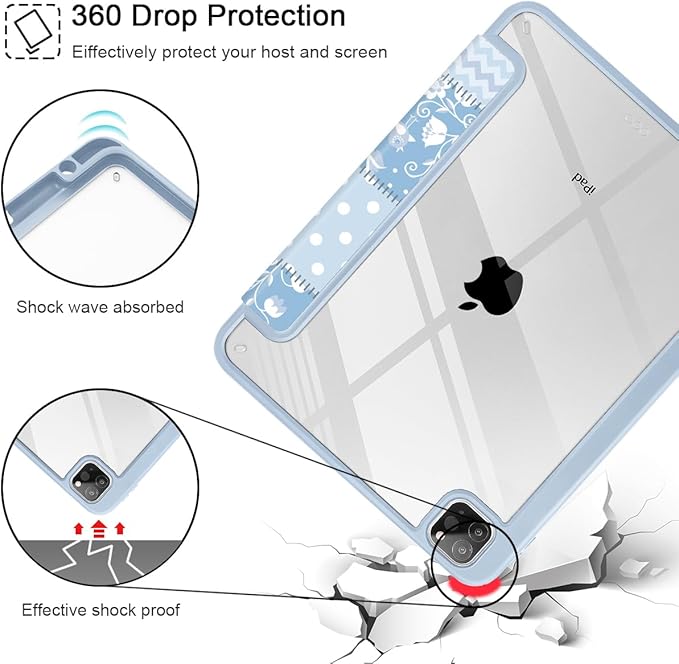 Tuiklol for iPad Pro 12.9 Inch 6th/5th/4th/3rd Generation 2022 2021 2020 2018 Case,Built-in Pencil Holder Clear Transparent Protective Back Shell Cover with Auto Sleep/Wake, Patchwork Floral