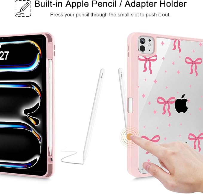 May Chen for iPad Pro 13 Inch Case M5 2025 / M4 2024, Built Pencil Holder & Clear Transparent Print Back Shell Slim Stand Shockproof Tablet Cover, Auto Wake/Sleep, Pink Boots Bows