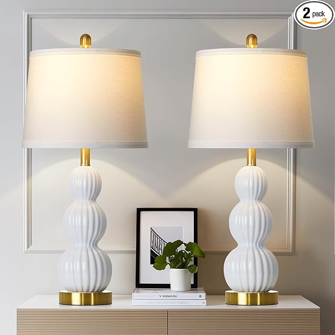 28" White Ceramic Table Lamps Set of 2, Modern Bedside Lamps for Night Stands, Triple Gourd Table Lamp for Living Room End Table or Bedroom Nightstand (2 LED Bulbs Included)