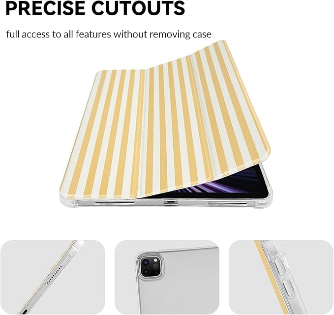 Lovmooful Compatible for iPad Pro 12.9-Inch 2022/2021/2020/2018 (6th/5th/4th/3rd Generation) Case with Pencil Holder Cute Striped with Aesthetic Design Soft TPU Trifold Stand Protective-Yellow