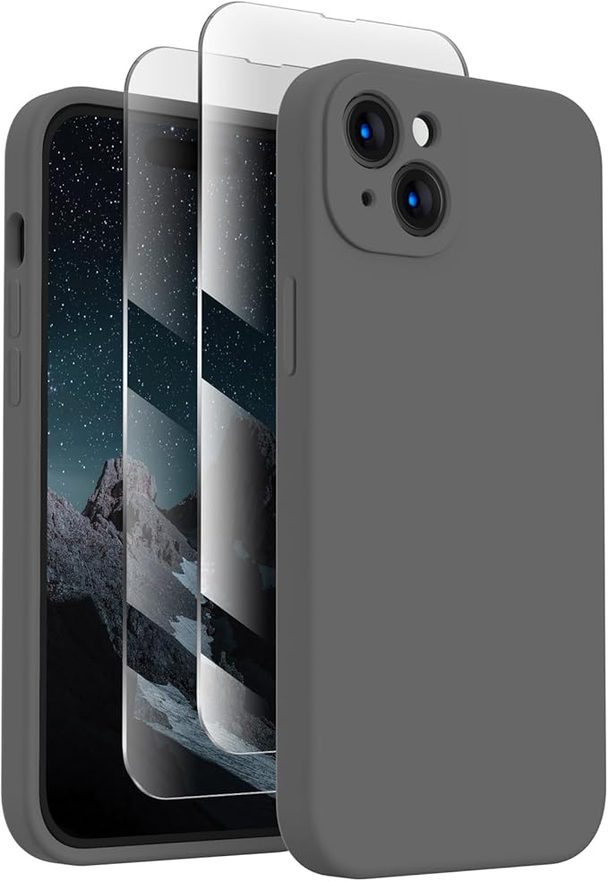 FireNova Designed for iPhone 15 Case, Silicone Upgraded [Camera Protection] Phone Case with [2 Screen Protectors], Soft Anti-Scratch Microfiber Lining Inside, 6.1 inch, Space Gray