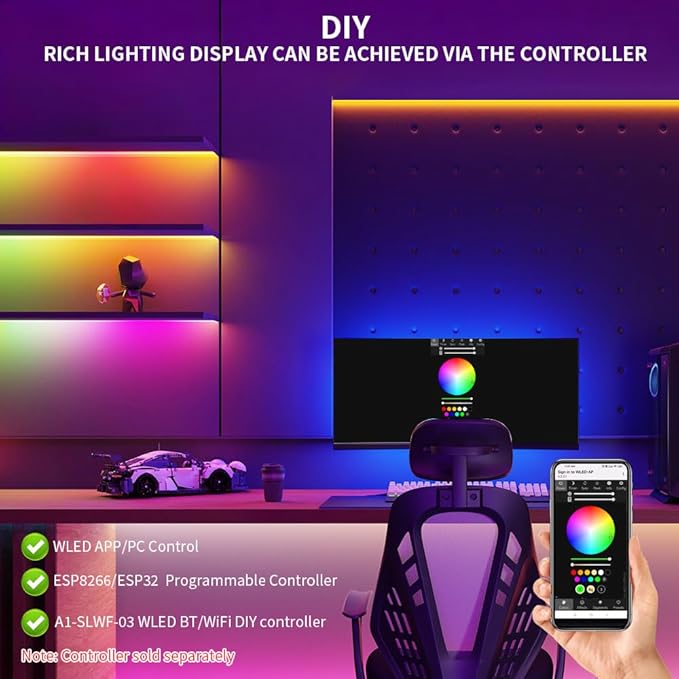 WS2812B IC RGB 5050SMD ECO Individual Addressable LED Strip Light, 16.4FT 300LED 60LED/m Flexible Full Color IP30 DC5V White PCB for DIY Project (No Power Adapter or Controller)