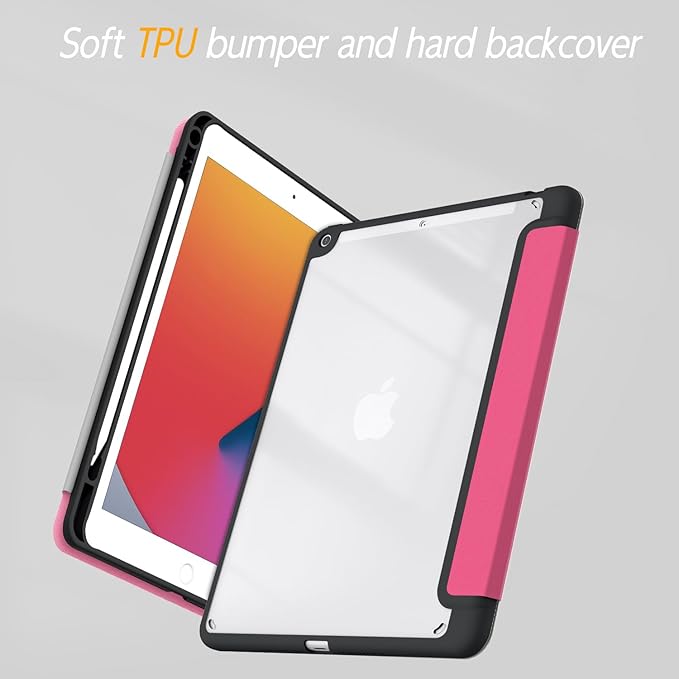 Case for iPad 9th / 8th / 7th Generation (2021/2020/2019) 10.2 inch, Case with Pencil Holder, Stand Clear Back Cover Cute Cool Design for Women Girls, Auto Sleep/Wake, Rose Red Book