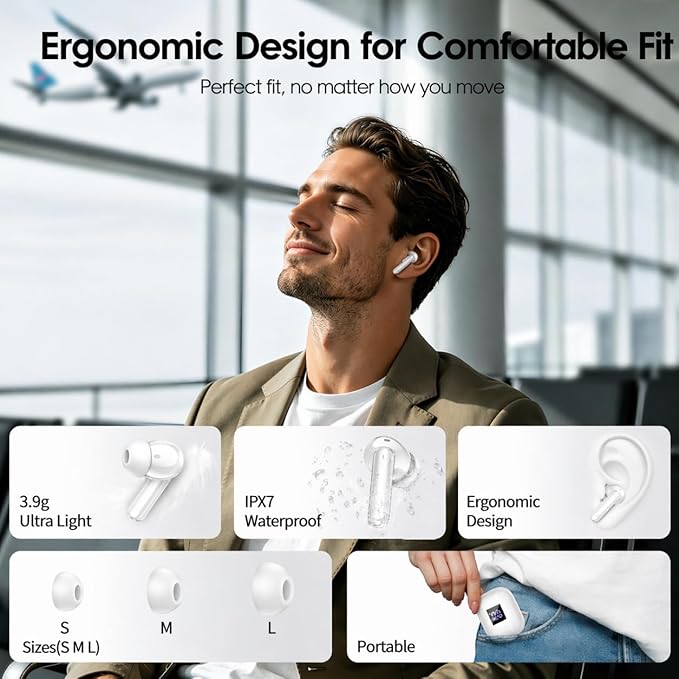 Wireless Earbuds, Bluetooth 5.4 Headphones with 4 Noise Cancelling Mic, 46H In-Ear Buds with 3D Bass Stereo Sound, Small Ears, LED Display, Calls Sports Workout, IPX7 Earphones for Android iOS, White