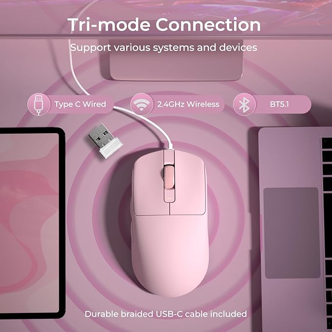 RK ROYAL KLUDGE RK M30 Wireless Gaming Mouse, 24000 DPI, 43g Ultra-Lightweight, PAW3311 Sensor, 2.4G/Bluetooth/USB-C Rechargeable Wireless Mouse with 5 Programmable Buttons for PC/Mac, Pink
