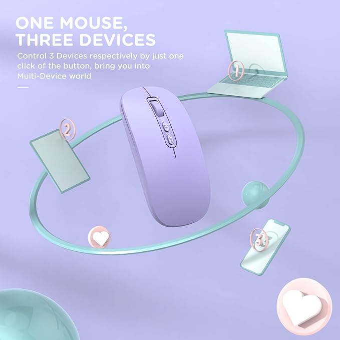 RAPIQUE Bluetooth Wireless Mouse, Rechargeable Multi-Device(Tri-Mode: BT1/BT2+2.4G) Computer Mice with USB Receiver, Slim Silent Mouse for Laptop/MacBook/Chromebook/Surface Pro/iPad Pro(Purple)