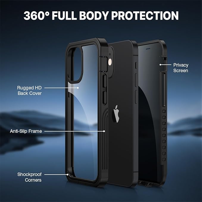 CENHUFO Privacy for iPhone 12 Mini Case, Full Body Phone Case with Built-in 9H Tempered Glass Privacy Screen Protector, Anti Peep Anti Spy Shockproof Protective Bumper Clear Cover - Black