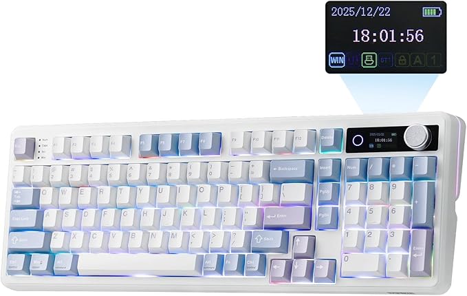 EPOMAKER TH99 PRO 96% Mechanical Keyboard with Screen & Knob, 10000mAh, 2.4Ghz/BT, Hot Swap, Custom Driver, RGB Backlight, PBT Keycap, Wireless Gaming Keyboard for PC/Mac (Blue&White, Sea Salt Silent)