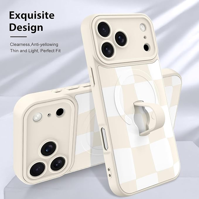 KANGHAR Compatible with iPhone 17 Pro Max Case, Support for MagSafe, Silicone Checkered Cute Pattern, Wristband Kickstand Camera Protection Soft Slim Cover for Girls Women -White