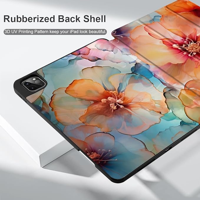 MEEgoodo Case for iPad Pro 12.9 Case M2 6th/5th/4th/3rd Generation 2022 2021 2020 2018, Protective Tablet Cover with Soft Back Shell for Kids, Ink Colorful Flowers