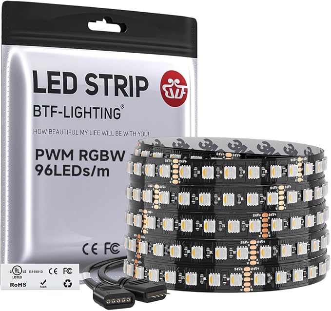 BTF-LIGHTING UL Listed RGBW LED Strip Lights,5050 4 Colors in 1 RGB + 2700K-3000K Warm White,24V DC,16.4ft/5m 60LEDs/m 12mm Black PCB, IP30 for Home Decoration(No Adapter or Controller)