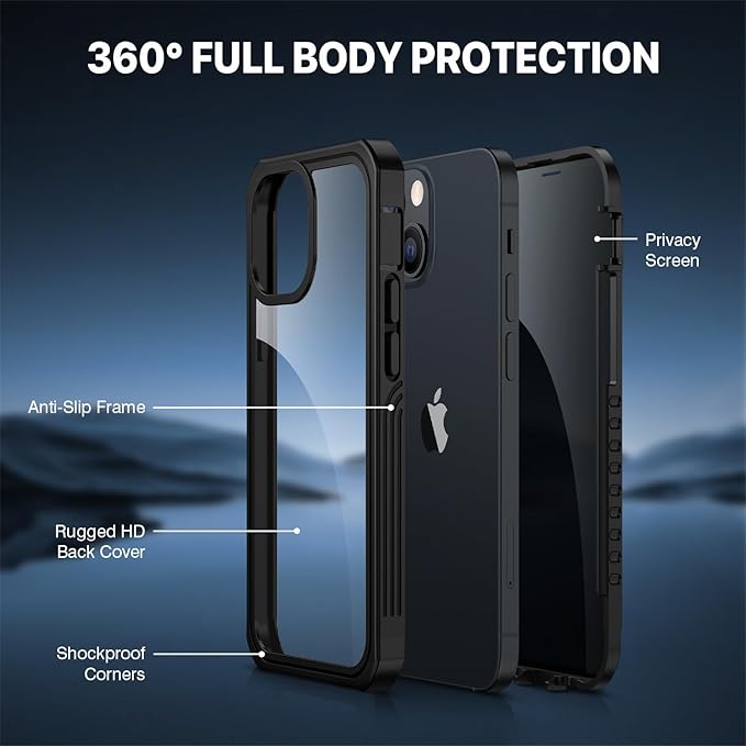 CENHUFO Privacy for iPhone 13 Mini Case, Full Body Phone Case with Built-in 9H Tempered Glass Privacy Screen Protector, Anti Peep Anti Spy Shockproof Protective Bumper Clear Cover - Black