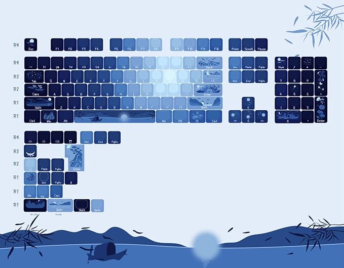 PBT Moonlit Keycaps Custom Dark Blue Shine Through Keycaps Cherry Profile 128 Keys Side Print Key Caps Gradient Blue for Mechanical Keyboards 60% 65% 75% Backlit