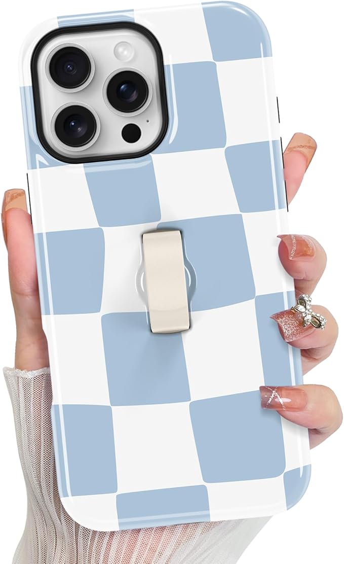 KANGHAR Compatible with iPhone 16 Pro Max Case, Support for MagSafe, Silicone Checkered Cute Pattern, Wristband Kickstand Camera Protection Soft Slim Phone Case for Girls Women -Light Blue