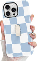 KANGHAR Compatible with iPhone 16 Pro Case, Support for MagSafe, Silicone Checkered Cute Pattern, Finger Hold Wristband Kickstand Camera Protection Soft Slim Phone Case for Girls Women -Light Blue